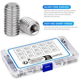 BEAUGIREW 420 Pieces M3 M4 M5 M6 M8 Grub Screw Set Allen Head Socket Assortment Kit Stainless Steel Internal Hex Drive Cup-Point Screws