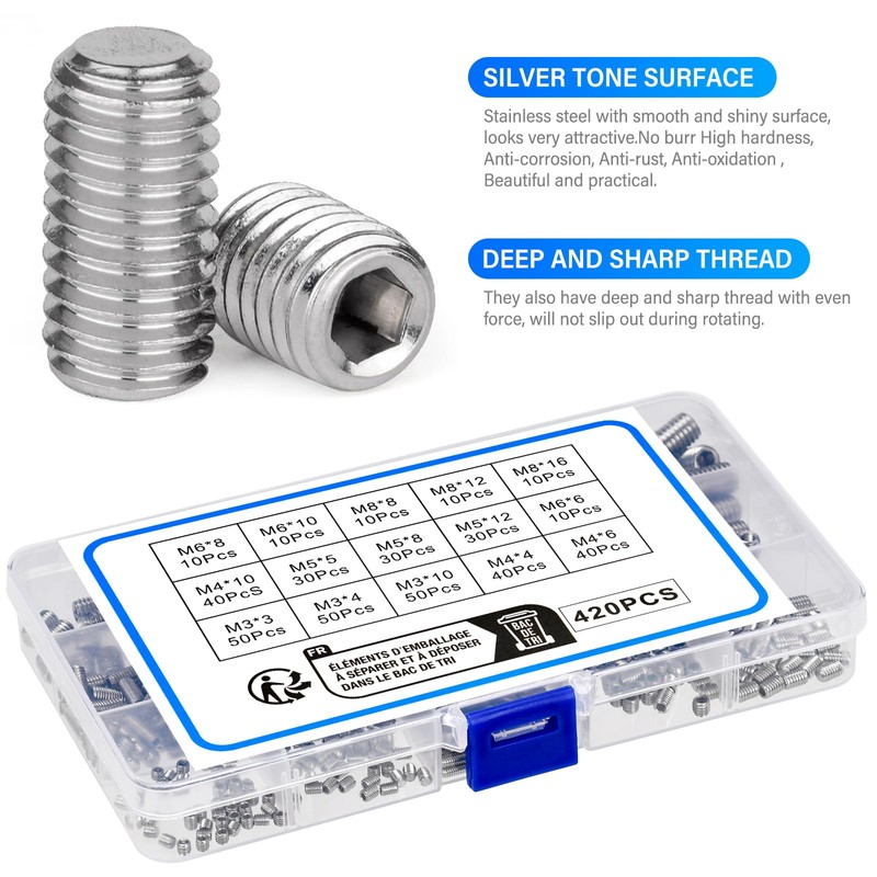 BEAUGIREW 420 Pieces M3 M4 M5 M6 M8 Grub Screw