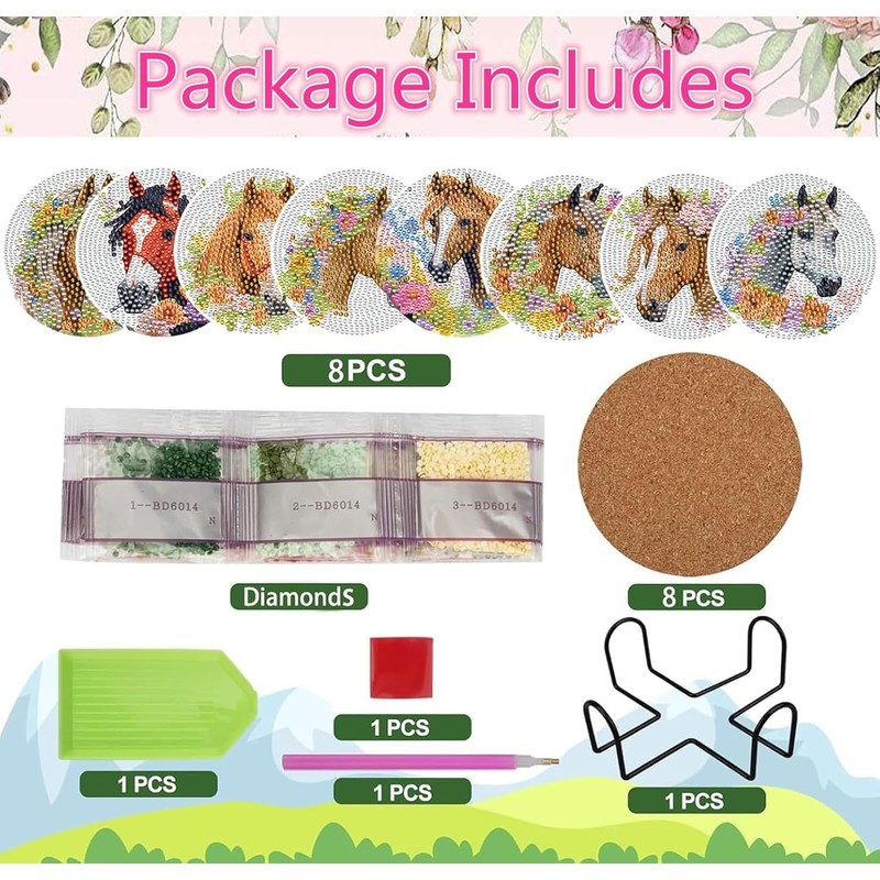 Horse Diamond Art Coaster Set, 8 Pieces with Holder and