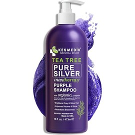 KESMEDIK Champú Morado Con Árbol De Té, Matizador Profesional Anti-Amarillos, Neutraliza Los Tonos Amarillos En Cabello Gris, Plateado, Ceniza Y Con Mechas Decoloradas, Alivia El Cuero Cabelludo Seco