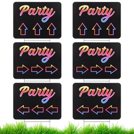 6 PCS Double-Side Party Signs, 17" x 13" Retro Neon Party Directional Signage, Party This Way Corrugated Plastic Arrow Sign with Metal Stakes, Waterproof Party Sign for Outdoor Yards, Lawns, Weddings