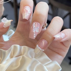 POKENGDA Coffin Press on Nails Pink,Medium French Fake Nails Design,Reusable Acrylic 3d Butterfly Shiny False Nail Kits for Women