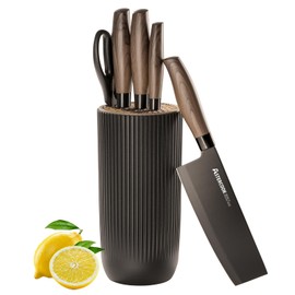 Knife Set, Astercook 6 Piece Black Kitchen Knife Set, Non-stick Stainless Steel Knife Block Set, Anti-Rust Dishwasher Safe Knife Set with Block