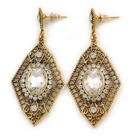 Art Deco Clear Crystal Drop Earrings/Gold Tone Metal/ 65mm L