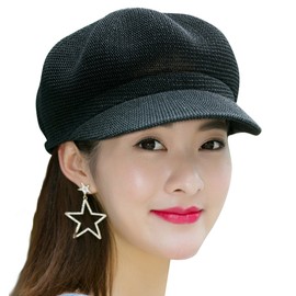 Clecibor Women Summer Straw Newsboy Cap Beret Breathable Mesh Octagonal Cap, Black
