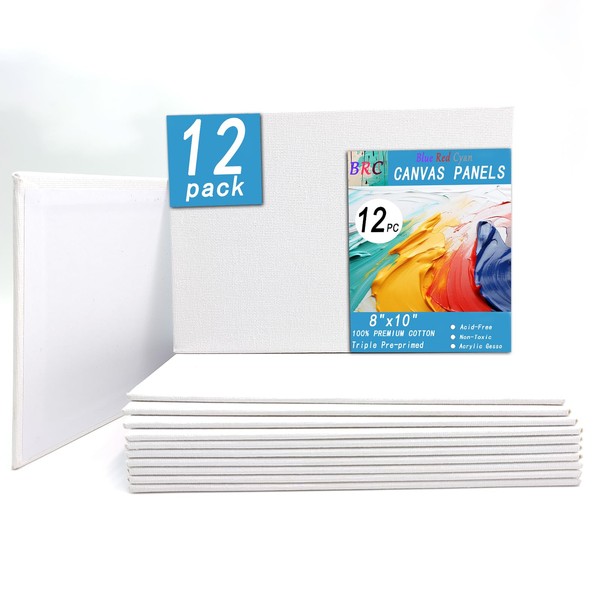 Canvas Boards, 8x10 Inch 20x25cm 12 Pack,Gesso Primed White Blank Canvas for Painting, 100% Cotton Art Supplies Canvas Panel for Acrylic Paint, Oil, Watercolor, Gouache,Triple Pre-Primed Non-Toxic