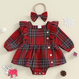 Siyova Newborn Baby Girl Christmas Romper Dress Long Sleeve Jumpsuit+Headband Infant Toddler Girls 2 Piece Romper Set Cute Fall Winter Clothes (Red Green, 3-6 Months)