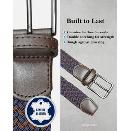 QUALIBELT Elastic Braided Belt for Men, 1.38" Wide with Genuine Leather, Plus Size Stretch Belt for Golf, Casual, and Dress Pants (Navy/Brown, Waist 32"-38" Adjustable)
