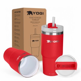 YOGI Ceramic Lined Tumbler with Straw and Lid, Stainless Steel Travel Mug & Water Tumbler, Vacuum Sealed Cup - 20oz Code Red