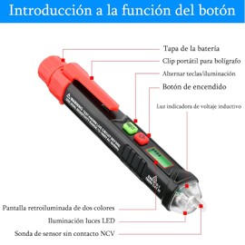 Probador de Corriente, Detector de Voltaje sin Contacto, NCV para Identificar Fase y Neutro, Buscador de Polos LCD con Rango Dual 12V-1000V/48V-1000V, Localizar Punto de Interrupción