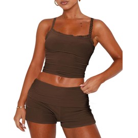 RUEWEY Womens Lace Trim Pajama Sets Sleeveless Crop Top and Fold Over Shorts 2 Piece Lounge Set PJ Set Tracksuit Outfits (US, Alpha, Medium, Regular, Regular, Brown)