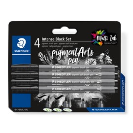 STAEDTLER 37 BK4-99 Pigment Brush Intense Black Set, Various Brush, Soft Brush, Calligraphy and Outliner Tips, Intense Black, Waterproof, 4 Pigment Pens on Blister Card
