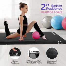 Matladin 2 Pack 6' Folding Tri-fold Gymnastics Gym Exercise Aerobics Mat, 6ft x 2ft x 2in PU Leather Tumbling Mats with Hook & Loop Fastener for Stretching Yoga Cheerleading Martial Arts,Black