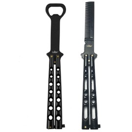 Caliber Gourmet Butterfly Knife Style Bottle Opener and Comb Combo Bundle Pack for Beer, Soda, Bartender, Bottle Cap, Barbecue, Black