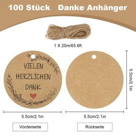 Pack of 100 Thank You Gift Tags, 5.5 cm Round Thank You Cards Pendants, Thank You Gifts, Kraft Paper Tags with String 20 m, Label Tags for Weddings, Parties, DIY Gifts