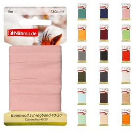 Nähmit 5 m Card Cotton Bias Binding, 100% Cotton, 20 mm Wide, 40/20 Pre-Ironed Bias Binding (A08-Dusky Pink, 5 m Card)