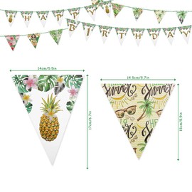 2 Set Hawaiian Banner Birthday Party Decoration,Happy Birthday Banner Triangle Flag Pineapple Garland for Summer Tropical Beach BBQ Cocktail Luau Party Party Bunting Decoration