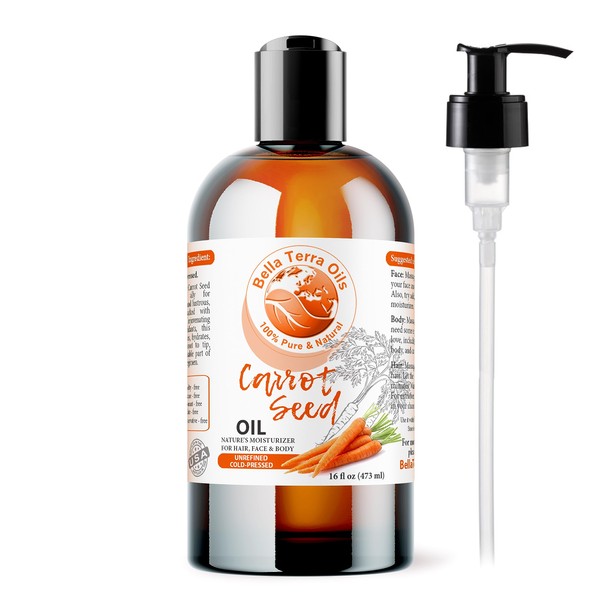 Bella Terra Oils Carrot Seed Oil. 16oz. 100% Pure. Cold-pressed. Unrefined. Daucus Carota. Hexane-free. Rich in Vitamin C and Beta-carotene. Natural Moisturizer for Hair, Face, Body
