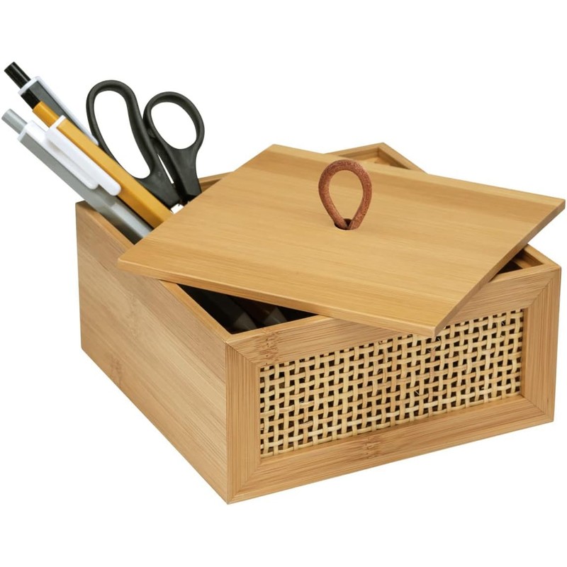 Bamboo Storage Box with Rattan Mesh Panel, Decorative Container for