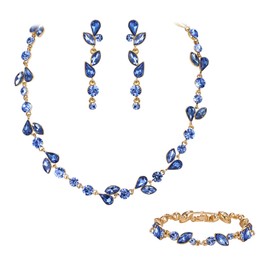 EVER FAITH Crystal Jewellery Sets Elegant Marquise and Round Cut Rhinestone Leaf Necklaces Earrings and Bracelet Set for Women Brown Gold Tone, Crystal