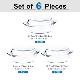 HUSANMP Set of 6 Pieces Round Tempered Glass Casserole Dish with Lids, Glass Casserole Baking Dish Set for Oven, Freezer and Dishwasher Safe - 0.7QT+1QT+1.5QT