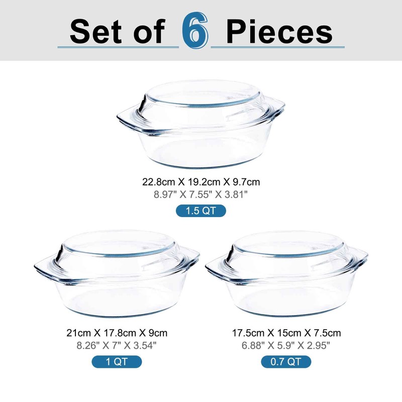 HUSANMP Set of 6 Pieces Round Tempered Glass Casserole Dish