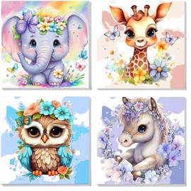 Paint by Numbers 4 Pieces 5 6 7 8 9 Years Old Girls and Boys, DIY Hand-Painted Oil Painting Set Colourful Animals Suitable for Children and Beginners as Gifts with Brush and Acrylic Paints 20 x 20 cm