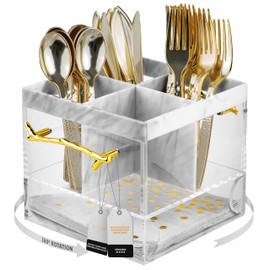 ELTOW Utensil Holder for Party, Silverware Caddy with Handle, Swivel, Lucite Acrylic Organizer for Spoons, Forks, Knives, Napkins, Elegant Cutlery Utensil Caddy