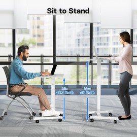 BONTEC Mobile Standing Desk Adjustable Height, Rolling Laptop Cart with Hook, Portable Workstation with Pneumatic Lift, Ergonomic Table with Wheels, Compact Home Office Desk, White 25.6" x 17.7"