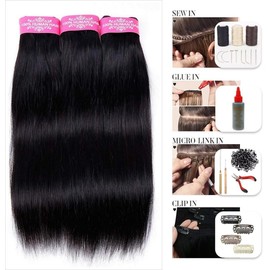 Unipearl Straight Weft Extensions Real Hair 30 35 40 cm (12 14 16 Inches), Straight Brazilian Human Hair 3 Bundles Weave Hair Extensions Natural Black
