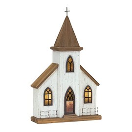 Melrose Church Figurine, 17.75-inch Height, Wood and Iron, Christmas Lighted Houses LED Wooden, Christmas Table Centerpiece Holiday Decorative Lights