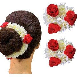 Generic CreativeZone Traditional Indian Hair accessories White Gajra with Rose Hair Accessories for Women Girls |Red Rose & White Mogra|Pack of 2