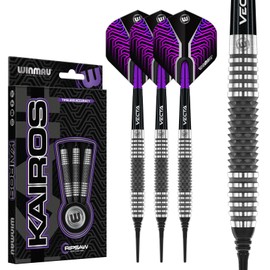 Winmau Darts Kairos 18g Barrel / 20g Full Weight Soft Tip 90% Professional Tungsten Darts Set with Dart Flights and Dart Shafts (Stems)