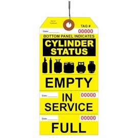 100 Cylinder 3 Part Status Tags-Empty, In Service, Full. Tags are Perforated with Consecutively Red Numbers, & Pre-Attached Wire. 13 Point Cardstock with Patch to Prevent Tearing. Size: 5.75" x 2.875"