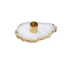 Classic Touch Decorium Flat White Agate Stone Candle Holder with Gold Border
