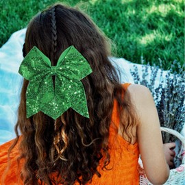 JOYRUBY Glitter Cheer Bow Hair Clip, 7 Inch Sequin Large Hair Bow Clips, Green Big Bows for Hair Clip Party Hair Accessories for Women Cheerleading Sports Teens Girls (Christmas Green)