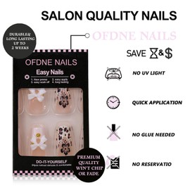 Press on Nails Medium Square OFDNE White French Tip Fake Nails False Nails with Designs Bow Charm Leopard Print Flower Zebra Stripes Glossy Glue on Nails Stick on Nails for Women Girls 24 Pcs