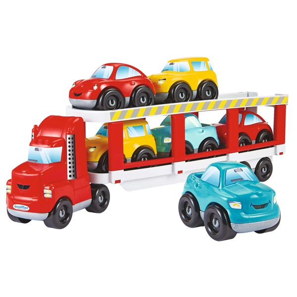Ecoiffier - Abrick Car Transporter Toy - Large Truck Including 6 Toy Cars with Driveable Ramp for Boys and Girls from 18 Months