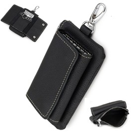 V.W.V & others, Key Case, Smart Key Case, 2 Storage Case, Unisex, Coin Pocket, Card Slot, 6 Keys, Genuine Leather, Carabiner, Black