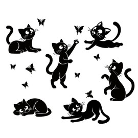 Wall4Stickers Cats Stickers, Kitchen Wall Decal, Jumping Funny Cats Catching Butterflies Black