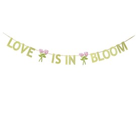 KUNGOON Love is in Bloom with Hearts Banner,Gold Glitter Flower Theme Bridal Shower Engagement Wedding Party Bunting Decorations Supplies.