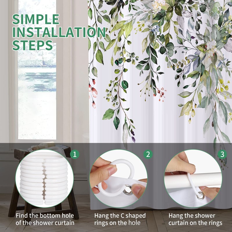 REZAYMRS Floral Shower Curtain with 12 Hooks, 72''x72'' Waterproof Polyester