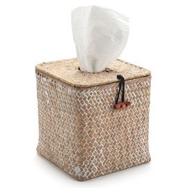 Tissue Box Cover Square, Seagrass Tissue Box Holder, Woven Facial Tissue Holder, Decorative Rattan Wicker Tissue Cover for Dinner Table, Living Room, Bathroom, Bedroom, Office (Whitewash)