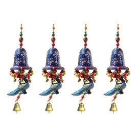 Handicrafts Paradise Door Hanging Blue Painted Bell with Jhalar Blue Peacock with Metal Bell Set of 4