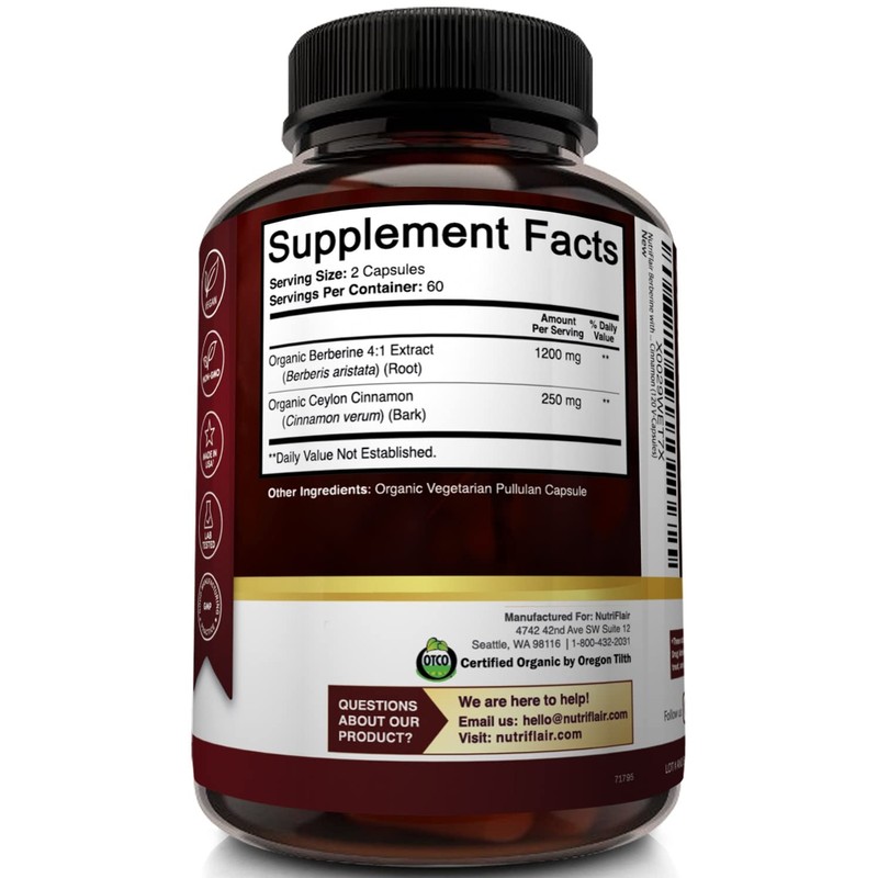 NutriFlair Berberine with Ceylon Cinnamon 1450mg Supplement – 120 Capsules