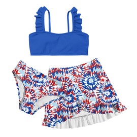 ALISISTER Little Girls Bathing Suits 3 Piece Swimsuits American Flag Tie Dye Bikini Tankini Sets with Cover Up Skirt Summer Beach Swimwear 7-8 Year Old