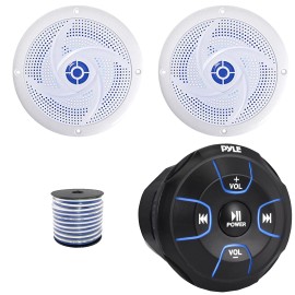 Pyle PLMRBT18 Bluetooth Marine Controller, 2x 5.25" 180W Max LED White Speakers