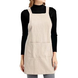ELEZAY Cross Back Apron with Pockets Kitchen Cooking Chef Baker Criss Bib Cotton Linen Small,Beige
