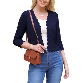 VOIANLIMO - Suéter corto de manga 3/4 para mujer, suéter de punto con parte delantera abierta, estilo bolero corto para vestidos, Azul marino, M
