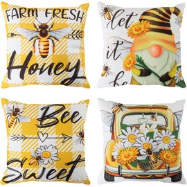 TOMMO Set of 4 Square Cushion Cover 18x18 Inch Floral Printed Soft Cotton bee Pillow Case 45x45cm for Sofa, Bed, Living Room with Zip Closure, Machine Washable Multi-Colour Home Decor